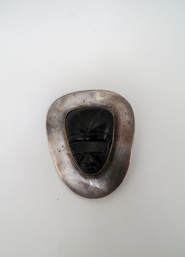 Antique Sterling Silver & Onyx Carved Face Brooch