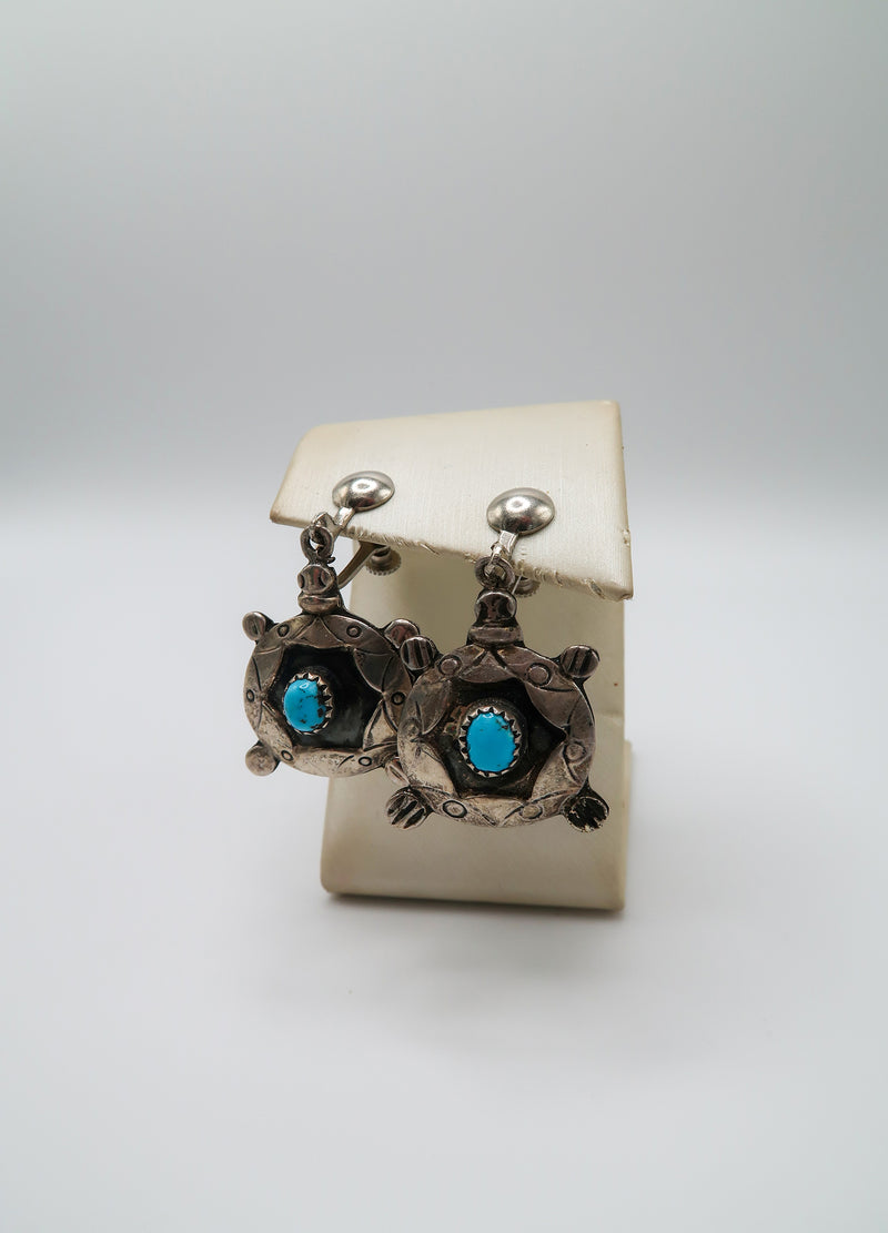Antique Sterling Silver and Turquoise Turtle Earrings