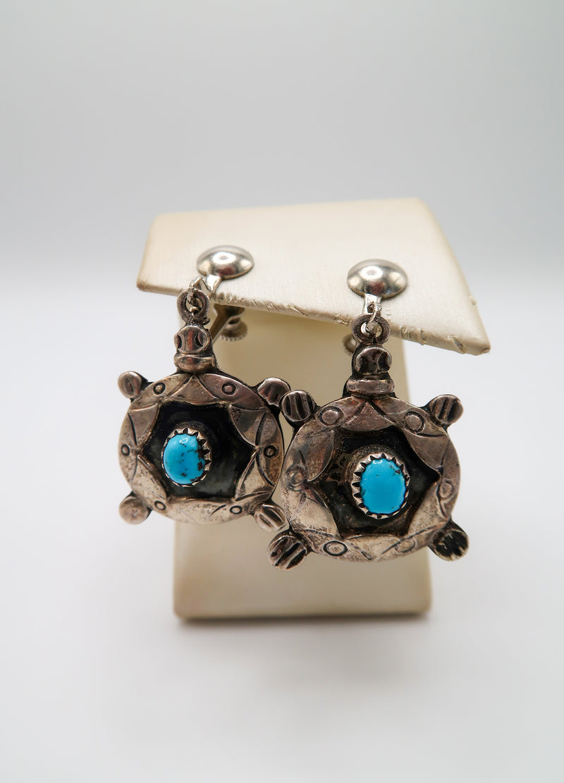 Antique Sterling Silver and Turquoise Turtle Earrings