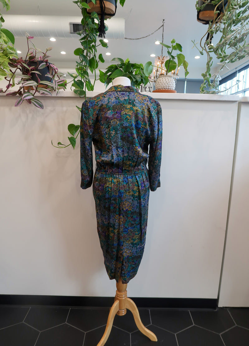 1990s Vintage Periwinkle Jacquard Floral Dress
