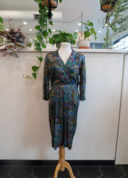 1990s Vintage Periwinkle Jacquard Floral Dress