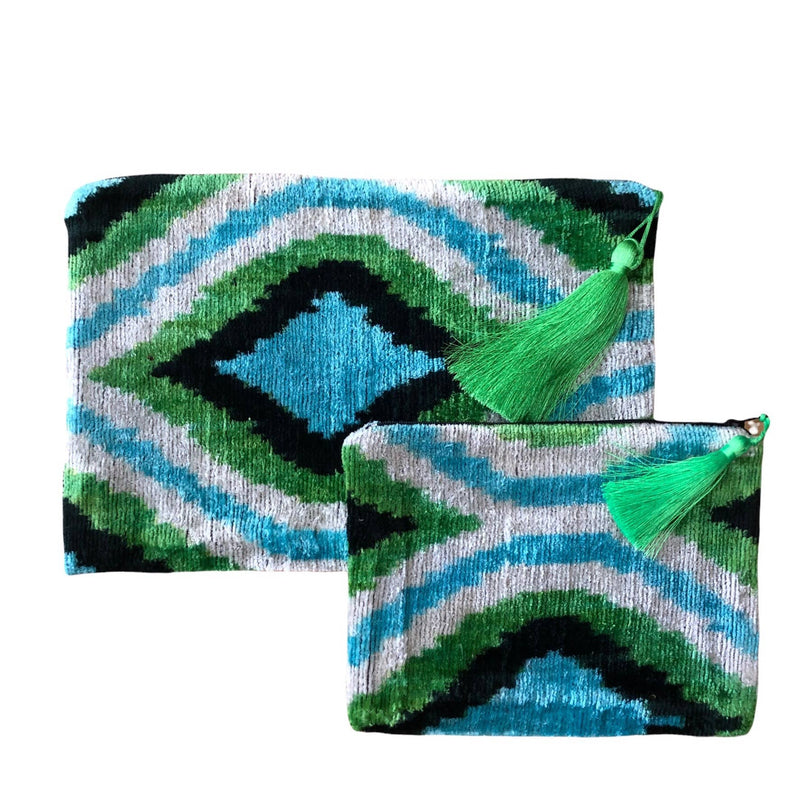 Teal Silk Velvet Ikat Clutch or Pouch (Sold Separately)