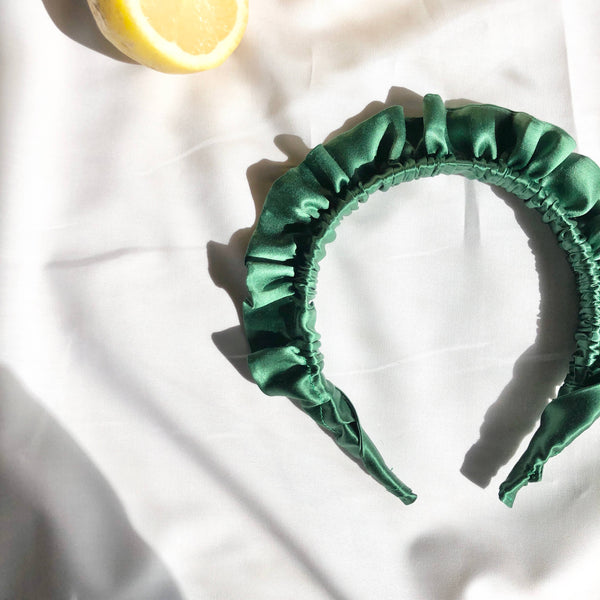 Green Silk Rouched headband, Ruffle Headband