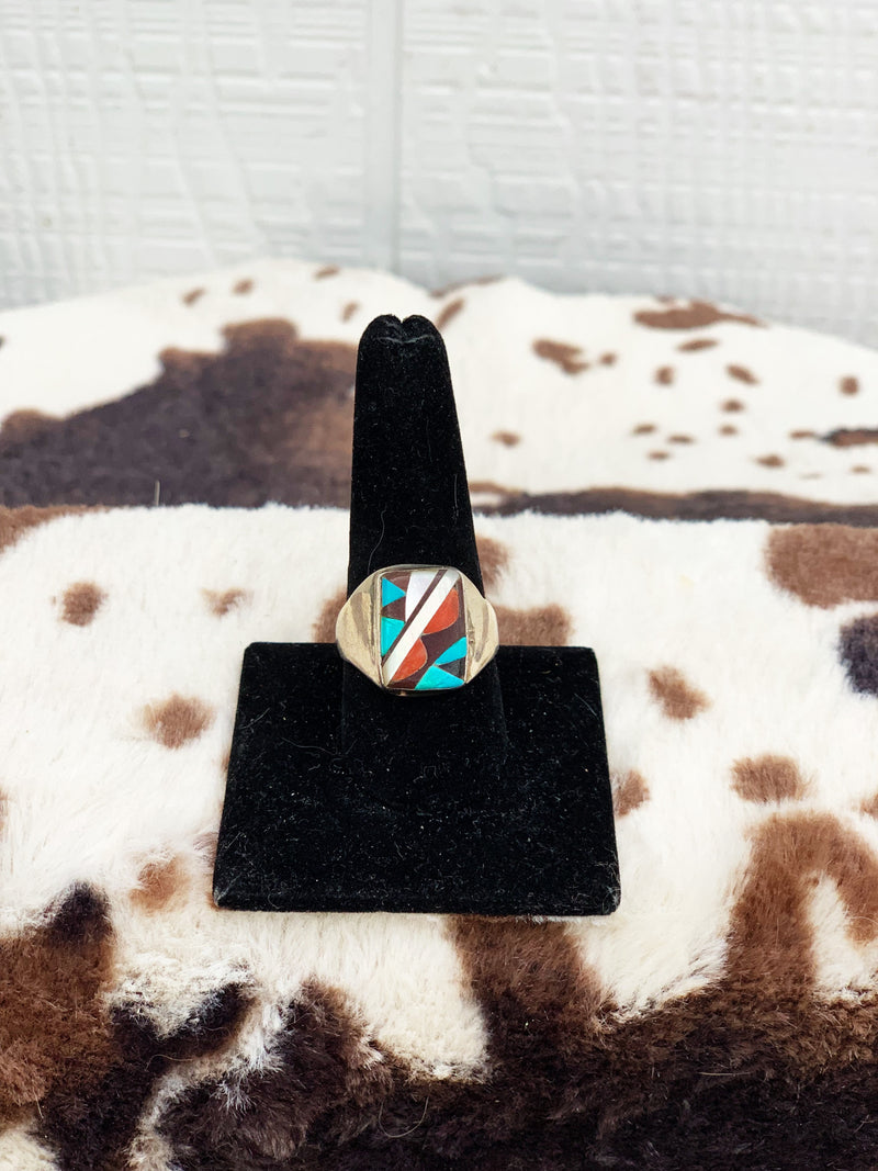 "Buck Em" Vintage Sterling Silver, Coral, Mother of Pearl, and Turquoise Ring