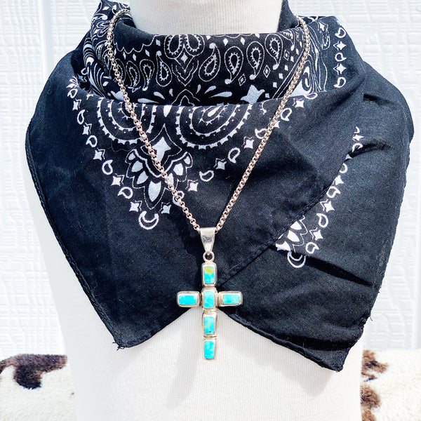 Heavy Vintage Southwest Sterling Silver Natural Turquoise Beaded Cross  Necklace, Vintage Southwest Turquoise, Sterling Statement Necklace