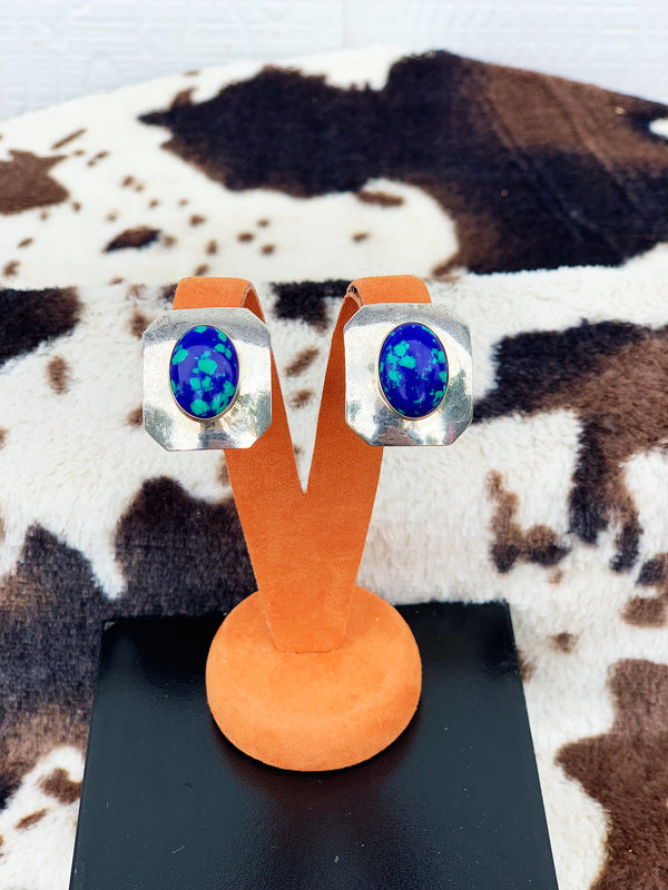 "Polka Dottie" Vintage Sterling Silver and Azurite Clip-On Earrings