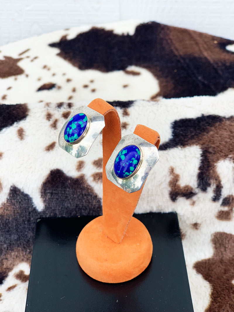 "Polka Dottie" Vintage Sterling Silver and Azurite Clip-On Earrings